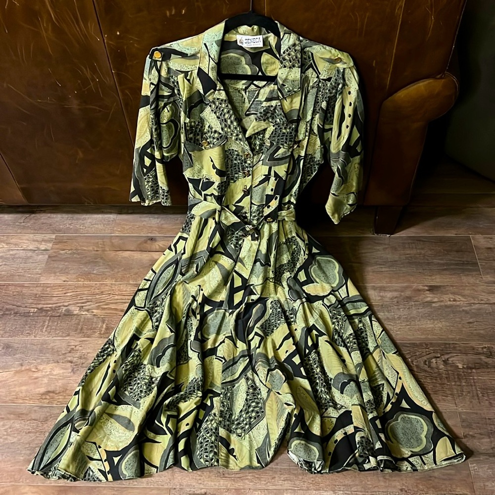 Vintage Sage and Black Dress-Women’s S